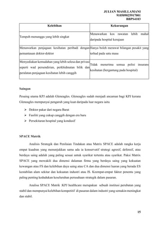 JULIAN MASILLAMANI
910509025917001
BBPS4103
15
Kelebihan Kekurangan
Tempoh menunggu yang lebih singkat
Menawarkan kos rawatan lebih mahal
daripada hospital kerajaan
Menawarkan penjagaan kesihatan peribadi dengan
pemantauan doktor-doktor
Hanya boleh merawat bilangan pesakit yang
terhad pada satu masa
Menyediakan kemudahan yang lebih selesa dan privasi
seperti wad persendirian, perkhidmatan bilik dan
peralatan penjagaan kesihatan lebih canggih
Tidak menerima semua polisi insurans
kesihatan (bergantung pada hospital)
Saingan
Pesaing utama KPJ adalah Gleneagles. Gleneagles sudah menjadi ancaman bagi KPJ kerana
Gleneagles mempunyai pengaruh yang kuat daripada luar negara iaitu
 Doktor pakar dari negara Barat
 Fasiliti yang cukup canggih dengan era baru
 Persekitaran hospital yang kondusif
SPACE Matrik
Analisis Strategik dan Penilaian Tindakan atau Matrix SPACE adalah rangka kerja
empat kuadran yang menunjukkan sama ada ia konservatif strategi agresif, defensif, atau
berdaya saing adalah yang paling sesuai untuk syarikat tertentu atau syarikat. Paksi Matrix
SPACE yang mewakili dua dimensi dalaman firma yang berdaya saing yang kekuatan
kewangan atau FS dan kelebihan daya saing atau CA dan dua dimensi luaran yang berada ES
kestabilan alam sekitar dan kekuatan industri atau IS. Keempat-empat faktor penentu yang
paling penting kedudukan keseluruhan perusahaan strategik dalam pasaran.
Analisa SPACE Matrik :KPJ healthcare merupakan sebuah institusi perubatan yang
stabil dan mempunyai kelebihan kompetitif di pasaran dalam industri yang semakin meningkat
dan stabil.
 