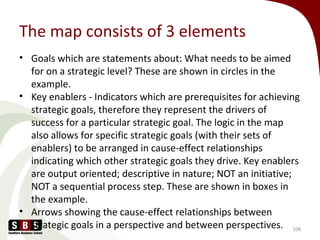 The map consists of 3 elements
• Goals which are statements about: What needs to be aimed
for on a strategic level? These are shown in circles in the
example.
• Key enablers - Indicators which are prerequisites for achieving
strategic goals, therefore they represent the drivers of
success for a particular strategic goal. The logic in the map
also allows for specific strategic goals (with their sets of
enablers) to be arranged in cause-effect relationships
indicating which other strategic goals they drive. Key enablers
are output oriented; descriptive in nature; NOT an initiative;
NOT a sequential process step. These are shown in boxes in
the example.
• Arrows showing the cause-effect relationships between
strategic goals in a perspective and between perspectives. 108
 