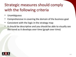 Strategic measures should comply
with the following criteria
• Unambiguous
• Comprehensive in covering the domain of the business goal
• Consistent with the logic in the strategy map
• It should be descriptive and you should be able to visually see
the trend as it develops over time (graph over time)
124
 