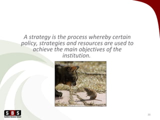 A strategy is the process whereby certain
policy, strategies and resources are used to
achieve the main objectives of the
institution.
20
 