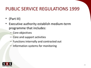 PUBLIC SERVICE REGULATIONS 1999
• (Part III)
• Executive authority establish medium-term
programme that includes:
– Core objectives
– Core and support activities
– Functions internally and contracted out
– Information systems for monitoring
29
 