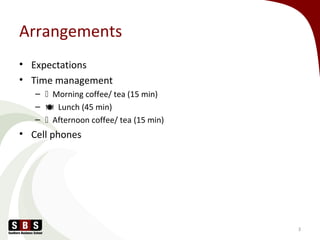 Arrangements
• Expectations
• Time management
–  Morning coffee/ tea (15 min)
–  Lunch (45 min)
–  Afternoon coffee/ tea (15 min)
• Cell phones
3
 