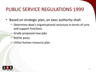 PUBLIC SERVICE REGULATIONS 1999
• Based on strategic plan, an exec authority shall:
– Determine dept’s organisational structure in terms of core
and support functions
– Grade proposed new jobs
– Define posts
– Utilise human resource plan
30
 