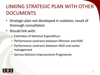 LINKING STRATEGIC PLAN WITH OTHER
DOCUMENTS
• Strategic plan not developed in isolation; result of
thorough consultation
• Should link with:
– Estimates of National Expenditure
– Performance contracts between Minister and HOD
– Performance contracts between HOD and senior
management
– Service Delivery Improvement Programme
33
 