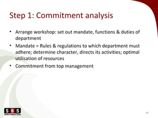 Step 1: Commitment analysis
• Arrange workshop: set out mandate, functions & duties of
department
• Mandate = Rules & regulations to which department must
adhere; determine character, directs its activities; optimal
utilisation of resources
• Commitment from top management
49
 