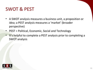 • A SWOT analysis measures a business unit, a proposition or
idea; a PEST analysis measures a ‘market’ (broader
perspective)
• PEST = Political, Economic, Social and Technology
• It’s helpful to complete a PEST analysis prior to completing a
SWOT analysis
53
SWOT & PEST
 