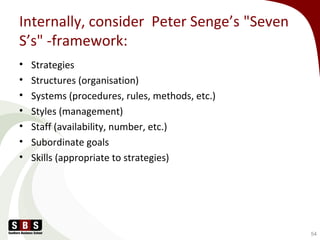 • Strategies
• Structures (organisation)
• Systems (procedures, rules, methods, etc.)
• Styles (management)
• Staff (availability, number, etc.)
• Subordinate goals
• Skills (appropriate to strategies)
54
Internally, consider Peter Senge’s "Seven
S’s" -framework:
 