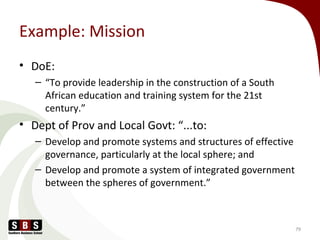 Example: Mission
• DoE:
– “To provide leadership in the construction of a South
African education and training system for the 21st
century.”
• Dept of Prov and Local Govt: “...to:
– Develop and promote systems and structures of effective
governance, particularly at the local sphere; and
– Develop and promote a system of integrated government
between the spheres of government.”
79
 