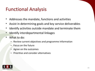 Functional Analysis
• Addresses the mandate, functions and activities
• Assist in determining goals and key service deliverables
• Identify activities outside mandate and terminate them
• Identify interdepartmental linkages
• What to do:
– Review current objectives and programme information
– Focus on the future
– Agree on the outcomes
– Prioritise and consider alternatives
83
 