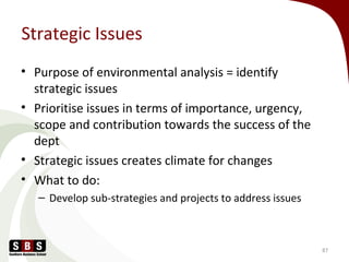 Strategic Issues
• Purpose of environmental analysis = identify
strategic issues
• Prioritise issues in terms of importance, urgency,
scope and contribution towards the success of the
dept
• Strategic issues creates climate for changes
• What to do:
– Develop sub-strategies and projects to address issues
87
 