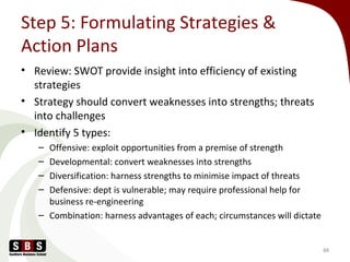 Step 5: Formulating Strategies &
Action Plans
• Review: SWOT provide insight into efficiency of existing
strategies
• Strategy should convert weaknesses into strengths; threats
into challenges
• Identify 5 types:
– Offensive: exploit opportunities from a premise of strength
– Developmental: convert weaknesses into strengths
– Diversification: harness strengths to minimise impact of threats
– Defensive: dept is vulnerable; may require professional help for
business re-engineering
– Combination: harness advantages of each; circumstances will dictate
88
 