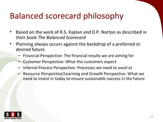 Balanced scorecard philosophy
• Based on the work of R.S. Kaplan and D.P. Norton as described in
their book The Balanced Scorecard
• Planning always occurs against the backdrop of a preferred or
desired future
– Financial Perspective: The financial results we are aiming for
– Customer Perspective: What the customers expect
– Internal Process Perspective: Processes we need to excel at
– Resource Perspective/Learning and Growth Perspective: What we
need to invest in today to ensure sustainable success in the future
94
 