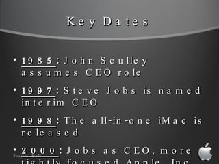 <ul><li>1985 :  John Sculley assumes CEO role </li></ul><ul><li>1997 :  Steve Jobs is named interim CEO </li></ul><ul><li>...