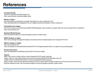 References
Company Proﬁle:
https://en.wikipedia.org/?title=Apple_Inc.
http://www.ﬁnanzen.net/aktien/Apple-Aktie

Mission & Vision
http://examples.yourdictionary.com/best-examples-of-a-vision-statement.html
http://alvinalexander.com/blog/post/mac-os-x/apple-business-philosophy-mission-statement
Competitors form Apple:
http://www.forbes.com/sites/timworstall/2013/09/06/apples-real-competitor-is-apple-itself-and-its-just-bought-that-competition/
http://www.statista.com

Business Model Canvas:
http://businessmodelhub.com/photo/apple-business-model-canvas

SWOT-Analysis on Apple
http://www.strategicmanagementinsight.com/products/swot-analyses/apple-swot-analysis-2014.html

Market analysis on Apple: 
http://www.statista.com
http://de.statista.com/statistik/daten/studie/327274/umfrage/quartalsumsatz-von-apple-nach-produktgruppe/

Porters Five Forces
http://de.slideshare.net/sophlee/using-porters-5-forces-on-apple

Figures:
Apfel: http://www.it-inftech.de/wp-content/uploads/2014/01/apple_bite2.jpg
happy customer: http://blog.sogosurvey.com/wp-content/uploads/2012/05/sogosurvey1.gif
Loyalty: https://oneboldmove.com/wp-content/uploads/2013/10/Loyalty.jpg
Apple Timeline: www.techtimely.ﬁles.wordpress.com/2011/03/timeline-of-apple-milestones-and-key-product-launches.png
Business Model Canvas: http://businessmodelhub.com/photo/apple-business-model-canvas

25 Juni 2015
 Strategic Management - Apple 
 Folie 14
 