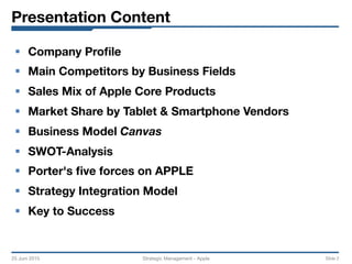 Presentation Content
§  Company Proﬁle
§  Main Competitors by Business Fields
§  Sales Mix of Apple Core Products
§  Market Share by Tablet & Smartphone Vendors
§  Business Model Canvas
§  SWOT-Analysis
§  Porter's ﬁve forces on APPLE 
§  Strategy Integration Model
§  Key to Success
25 Juni 2015
 Strategic Management - Apple 
 Slide 2
 