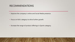 RECOMMENDATIONS
• Improve the company’s online and Social Media presence.
• Focus on Kid’s category to drive further growth.
• Increase the range of product offerings in Sports category.
 