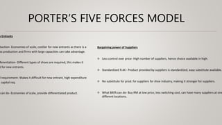 PORTER’S FIVE FORCES MODEL
w Entrants
duction- Economies of scale, costlier for new entrants as there is a
ss production and firms with large capacities can take advantage.
ferentiation- Different types of shoes are required, this makes it
t for new entrants.
l requirement- Makes it difficult for new entrant, high expenditure
h capital req.
can do- Economies of scale, provide differentiated product.
Bargaining power of Suppliers
Less control over price- High number of suppliers, hence choice available in high.
Standardized R.M.- Product provided by suppliers is standardized, easy substitute available.
No substitute for prod. for suppliers for shoe industry, making it stronger for suppliers.
What BATA can do- Buy RM at low price, less switching cost, can have many suppliers at one
different locations.
 