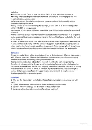 including:
• supporting organic farms to grow the plants for its vitamin and mineral products
• training employees to protect the environment, for example, encouraging re-use and
recycling to conserve resources
• changing product formulations to be more concentrated and biodegradable, which
reduces packaging and waste
• using sources of renewable energy, for example, a wind farm at its World Headquarters
will provide 10% of energy needs
• measuring its environmental impact by auditing its activities to internationally recognised
standards.
All these activities carry a cost, therefore Amway needs to balance the costs of its corporate
social responsibility programmes against not only the benefits of doing so, but also the cost
of not doing so.
Business practices that do not take account of ethical behaviour might lead stakeholders to
reconsider their relationship with the company. Suppliers might stop trading or customers
might stop buying (which would result loss of revenues). At the company level, it might lead
to infringement of the law or loss of reputation, which would influence the wider public.

Conclusion
Amway is a global direct selling organisation. It has to deal with many different stakeholders
with different objectives. These stakeholders may be internal or external to the company
and can affect or be affected by Amway in different ways.
Its organisational structure is based on a network of ABOs who work independently.
Therefore, it is important that Amway sets the standards of ethical business behaviour for
the people who work with, and for, the company. It demonstrates these standards by setting
rules of conduct and codes of ethics. In addition, it puts its ethics into practice through its
various CSR programmes of activity, supporting the environment, its employees and
disadvantaged children across the world.

Questions
1. Who are the stakeholders and what methods of communication does Amway use with
each?
2. Explain how the ABOs operate their business and the potential issues?
3. Describe Amway’s strategy and its impact on its stakeholders?
4. Using examples, discuss the meaning of an ethical business?




                                                                                                  23CAS
                                                                                                    E
 