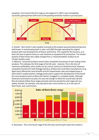 exception. From launch (the first stage on the diagram) in 1997 it was immediately
successful, gaining almost 50% share of the growing cereal bar market in just two years.




2. Growth - Nutri-Grain’s sales steadily increased as the product was promoted and became
well known. It maintained growth in sales until 2002 through expanding the original
product with new developments of flavour and format. This is good for the business, as it
does not have to spend money on new machines or equipment for production. The market
position of Nutri-Grain also subtly changed from a ‘missed breakfast’ product to an
‘all-day’ healthy snack.
3. Maturity - Successful products attract other competitor businesses to start selling similar
products. This indicates the third stage of the life cycle - maturity. This is the time of
maximum profitability, when profits can be used to continue to build the brand. However,
competitor brands from both Kellogg itself (e.g. All Bran bars) and other manufacturers (e.g.
Alpen bars) offered the same benefits and this slowed down sales and chipped away at
Nutri-Grain’s market position. Kellogg continued to support the development of the brand
but some products (such as Minis and Twists), struggled in a crowded market. Although
Elevenses continued to succeed, this was not enough to offset the overall sales decline.
Not all products follow these stages precisely and time periods for each stage will vary
widely. Growth, for example, may take place over a few months or, as in the case of
Nutri-Grain, over several years.




4. Saturation - This is the fourth stage of the life cycle and the point when the market is



                                                                                                 54CAS
                                                                                                   E
 