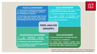 SOURCE: Smartphone industry pestel analysis ﻿. (2020). Retrieved 5 March 2020, from
https://notesmatic.com/2019/11/smartphone-industry-pestel-analysis-%EF%BB%BF/
POLITICAL ENVIRONMENT
•1. Huawei Ban depicts growing level
of regulation and political control in
the smartphone industry.
•2. The trade war between the US and
China is affecting nearly all the large
technology firms in the US and China.
SOCIAL ENVIRONMENT
1. Sociocultural factors are now a key
consideration in the area of business.
1.2. Customer Lifestyle and preferences
2.3. Large number of functions and
features in one device at minimised cost.
3.4. Level of convenience
TECHNOLOGICAL ENVIRONMENT
1.1. An important source of
competitive advantage for brands.
2.2. Research and development
3.3. Innovation is essential for growth in
sales and market share.
LEGAL ENVIRONMENT
1.Consumer privacy and data Security.
1.2. Focusing on compliance.
2.3. Labor laws, product quality laws,
environmental laws, Patent laws and some
other laws also affect smartphone firms.
PESTEL ANALYSIS
(INDUSTRY)
 