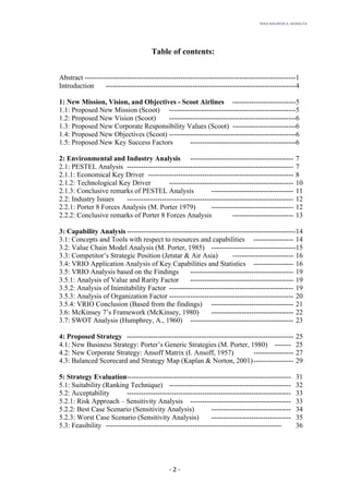 RHEA	MAUREEN	A.	MORALITA	
	
	
	
	 -	2	-	
Table of contents:
Abstract ------------------------------------------------------------------------------------------1
Introduction ---------------------------------------------------------------------------------4
1: New Mission, Vision, and Objectives - Scoot Airlines ---------------------------5
1.1: Proposed New Mission (Scoot) ------------------------------------------------------5
1.2: Proposed New Vision (Scoot) ------------------------------------------------------6
1.3: Proposed New Corporate Responsibility Values (Scoot) ---------------------------6
1.4: Proposed New Objectives (Scoot) ------------------------------------------------------6
1.5: Proposed New Key Success Factors ---------------------------------------------6
2: Environmental and Industry Analysis -------------------------------------------- 7
2.1: PESTEL Analysis ----------------------------------------------------------------------- 7
2.1.1: Economical Key Driver -------------------------------------------------------------- 8
2.1.2: Technological Key Driver ----------------------------------------------------- 10
2.1.3: Conclusive remarks of PESTEL Analysis ----------------------------------- 11
2.2: Industry Issues ----------------------------------------------------------------------- 12
2.2.1: Porter 8 Forces Analysis (M. Porter 1979) ----------------------------------- 12
2.2.2: Conclusive remarks of Porter 8 Forces Analysis -------------------------- 13
3: Capability Analysis ------------------------------------------------------------------------14
3.1: Concepts and Tools with respect to resources and capabilities ----------------- 14
3.2: Value Chain Model Analysis (M. Porter, 1985) ------------------------------------15
3.3: Competitor’s Strategic Position (Jetstar & Air Asia) -------------------------- 16
3.4: VRIO Application Analysis of Key Capabilities and Statistics ----------------- 16
3.5: VRIO Analysis based on the Findings -------------------------------------------- 19
3.5.1: Analysis of Value and Rarity Factor -------------------------------------------- 19
3.5.2: Analysis of Inimitability Factor ----------------------------------------------------- 19
3.5.3: Analysis of Organization Factor ----------------------------------------------------- 20
3.5.4: VRIO Conclusion (Based from the findings) ----------------------------------- 21
3.6: McKinsey 7’s Framework (McKinsey, 1980) ----------------------------------- 22
3.7: SWOT Analysis (Humphrey, A., 1960) -------------------------------------------- 23
4: Proposed Strategy ----------------------------------------------------------------------- 25
4.1: New Business Strategy: Porter’s Generic Strategies (M. Porter, 1980) ------- 25
4.2: New Corporate Strategy: Ansoff Matrix (I. Ansoff, 1957) ----------------- 27
4.3: Balanced Scorecard and Strategy Map (Kaplan & Norton, 2001)----------------- 29
5: Strategy Evaluation---------------------------------------------------------------------- 31
5.1: Suitability (Ranking Technique) ---------------------------------------------------- 32
5.2: Acceptability ---------------------------------------------------------------------- 33
5.2.1: Risk Approach – Sensitivity Analysis ------------------------------------------- 33
5.2.2: Best Case Scenario (Sensitivity Analysis) ---------------------------------- 34
5.2.3: Worst Case Scenario (Sensitivity Analysis) ---------------------------------- 35
5.3: Feasibility --------------------------------------------------------------------------- 36
 
