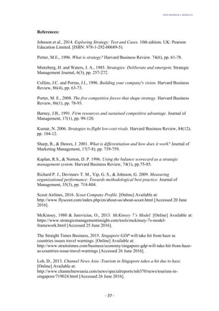 RHEA	MAUREEN	A.	MORALITA	
	
	
	
	 -	37	-	
References:
Johnson et al., 2014. Exploring Strategy: Text and Cases. 10th edition. UK: Pearson
Education Limited. [ISBN: 978-1-292-00689-5).
Porter, M.E., 1996. What is strategy? Harvard Business Review. 74(6), pp. 61-78.
Mintzberg, H. and Waters, J. A., 1985. Strategies: Deliberate and emergent. Strategic
Management Journal, 6(3), pp. 257-272.
Collins, J.C. and Porras, J.I., 1996. Building your company's vision. Harvard Business
Review, 86(4), pp. 63-73.
Porter, M. E., 2008. The five competitive forces that shape strategy. Harvard Business
Review, 86(1), pp. 78-93.
Barney, J.B., 1991. Firm resources and sustained competitive advantage. Journal of
Management, 17(1), pp. 99-120.
Kumar, N. 2006. Strategies to flight low-cost rivals. Harvard Business Review, 84(12),
pp. 104-12.
Sharp, B., & Dawes, J. 2001. What is differentiation and how does it work? Journal of
Marketing Management, 17(7-8), pp. 739-759.
Kaplan, R.S., & Norton, D. P. 1996. Using the balance scorecard as a strategic
management system. Harvard Business Review, 74(1), pp.75-85.
Richard P. J., Devinnev T. M., Yip, G. S., & Johnson, G. 2009. Measuring
organizational performance: Towards methodological best practice. Journal of
Management, 35(3), pp. 718-804.
Scoot Airlines, 2016. Scoot Company Profile. [Online] Available at:
http://www.flyscoot.com/index.php/en/about-us/about-scoot.html [Accessed 20 June
2016].
McKinsey, 1980 & Jurevicius, O., 2013. McKinsey 7’s Model. [Online] Available at:
https://www.strategicmanagementinsight.com/tools/mckinsey-7s-model-
framework.html [Accessed 25 June 2016].
The Straight Times Business, 2015. Singapore GDP will take hit from haze as
countries issues travel warnings. [Online] Available at:
http://www.straitstimes.com/business/economy/singapore-gdp-will-take-hit-from-haze-
as-countries-issue-travel-warnings [Accessed 26 June 2016].
Loh, D., 2013. Channel News Asia -Tourism in Singapore takes a hit due to haze.
[Online] Available at:
http://www.channelnewsasia.com/news/specialreports/mh370/news/tourism-in-
singapore/719024.html [Accessed 26 June 2016].
 