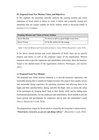 RHEA	MAUREEN	A.	MORALITA	
	
	
	
	 -	5	-	
01: Proposed Scoot New Mission, Vision, and Objectives
In this segment, the researcher critically analyzes the existing mission and vision
statements of Scoot which is shown in (table 1) below and eventually created new
statements that are seemly suitable for Scoot Airlines which is discussed further in
(section 1.1 to 1.5) below.
Existing Mission and Vision of Scoot Airlines
Scoot Mission To strive to deliver great flight every time.
Scoot Vision To be the airline for the young.
Table 1: Current Mission and Vision of Scoot (Source: Scoot, 2016 & Researcher’s work, 2016)
In the above current mission and vision statements of Scoot, there are no specific
purpose and clarity as well as the corporate values of the organization. Mission
statement aims to provide employees and stakeholders with clarity about the business.
Vision is the desired future of the organization (Johnson, Whittington, and Scholes,
2011).
1.1 Proposed Scoot New Mission:
The proposed new Scoot mission statement is to provide luxurious experience with
reasonable pricing that is suitable for budget travelers who want to have quality service
and memorable flying experience by satisfying customers and allowing them to be
happy and fully satisfied before, during, and after the flight. Also, to ensure the safety
of the passengers by bringing them’ back to their family safely and by adding more
international destinations. For the employees and stakeholders, Scoot intends to provide
career growth and development for employees and to meet the stakeholder’s needs
(Source: Researcher's work, 2016).
The proposed new slogan for Scoot which is created by the researcher is shown below:
“Travel more, worry less, as you are safe flying with us”. (Researcher’s work, 2016)
 
