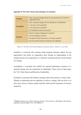 RHEA	MAUREEN	A.	MORALITA	
	
	
	
	 -	51	-	
Appendix 8: The SAFe criteria and techniques of evaluation
Figure 12: The SAFe criteria and techniques of evaluation (Source: Johnson, G. et al, 2014)
Suitability is concerned with assessing which proposed strategies address the key
opportunities and threats an organisation faces through an understanding of the
strategic position of an organisation: it is therefore concerned with the overall rationale
of a strategy.
Acceptability is concerned with whether the expected performance outcomes of a
proposed strategy meet the expectations of stakeholders. These can be of three types,
the ‘3 Rs’: Risk, Returns and Reaction of stakeholders.
Feasibility is concerned with whether a strategy could work in practice: in other words,
Whether an organisation has the capabilities to deliver a strategy. Here the focus is on
three areas, however: finance, people (and their skills) and the importance of resource
integration.
**Source: Johnson et al., 2014. Exploring Strategy: Text and Cases. 10th edition. UK: Pearson
Education Limited. [ISBN: 978-1-292-00689-5).
 