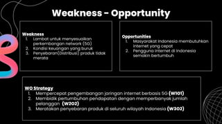 Weakness - Opportunity
Weakness
1. Lambat untuk menyesuaikan
perkembangan network (5G)
2. Kondisi keuangan yang buruk
3. P...