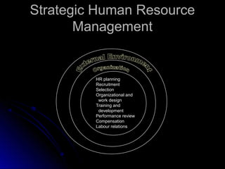 Strategic Human Resource
Management

HR planning
Recruitment
Selection
Organizational and
work design
Training and
development
Performance review
Compensation
Labour relations

 
