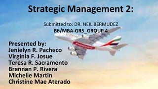 Strategic Management 2:
Submitted to: DR. NEIL BERMUDEZ
B6/MBA-GR5_GROUP 4
Presented by:
Jenielyn R. Pacheco
Virginia F. Josue
Teresa R. Sacramento
Brennan P. Rivera
Michelle Martin
Christine Mae Aterado
 