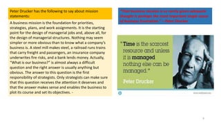 A business mission is the foundation for priorities,
strategies, plans, and work assignments. It is the starting
point for the design of managerial jobs and, above all, for
the design of managerial structures. Nothing may seem
simpler or more obvious than to know what a company’s
business is. A steel mill makes steel, a railroad runs trains
that carry freight and passengers, an insurance company
underwrites fire risks, and a bank lends money. Actually,
“What is our business?” is almost always a difficult
question and the right answer is usually anything but
obvious. The answer to this question is the first
responsibility of strategists. Only strategists can make sure
that this question receives the attention it deserves and
that the answer makes sense and enables the business to
plot its course and set its objectives. -
Peter Drucker has the following to say about mission
statements:
“That business mission is so rarely given adequate
thought is perhaps the most important single cause
of business frustration.” – Peter Drucker
8
 
