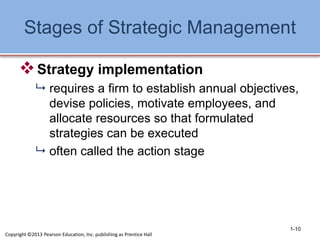 Stages of Strategic Management
Strategy implementation
 requires a firm to establish annual objectives,
devise policies, motivate employees, and
allocate resources so that formulated
strategies can be executed
 often called the action stage
1-10
Copyright ©2013 Pearson Education, Inc. publishing as Prentice Hall
 