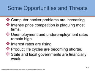 Some Opportunities and Threats
 Computer hacker problems are increasing.
 Intense price competition is plaguing most
firms.
 Unemployment and underemployment rates
remain high.
 Interest rates are rising.
 Product life cycles are becoming shorter.
 State and local governments are financially
weak.
1-19
Copyright ©2013 Pearson Education, Inc. publishing as Prentice Hall
 