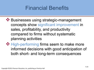 Financial Benefits
 Businesses using strategic-management
concepts show significant improvement in
sales, profitability, ...