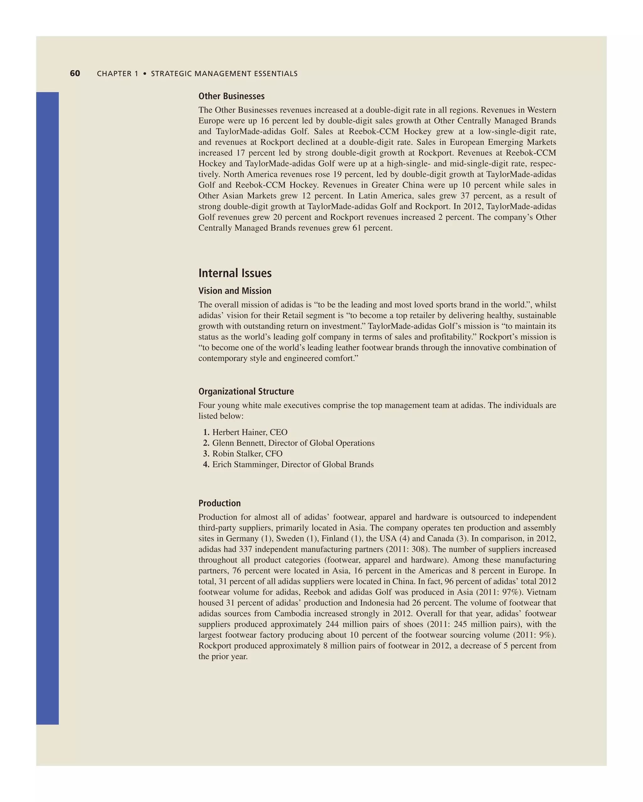 60 CHAPTER 1 • STRATEGIC MANAGEMENT ESSENTIALS
Other Businesses
the Other Businesses revenues increased at a double-digit rate in all regions. revenues in Western
europe were up 16 percent led by double-digit sales growth at Other centrally Managed Brands
and taylorMade-adidas golf. Sales at reebok-ccM Hockey grew at a low-single-digit rate,
and revenues at rockport declined at a double-digit rate. Sales in european emerging Markets
increased 17 percent led by strong double-digit growth at rockport. revenues at reebok-ccM
Hockey and taylorMade-adidas golf were up at a high-single- and mid-single-digit rate, respec-
tively. north america revenues rose 19 percent, led by double-digit growth at taylorMade-adidas
golf and reebok-ccM Hockey. revenues in greater china were up 10 percent while sales in
Other asian Markets grew 12 percent. in Latin america, sales grew 37 percent, as a result of
strong double-digit growth at taylorMade-adidas golf and rockport. in 2012, taylorMade-adidas
golf revenues grew 20 percent and rockport revenues increased 2 percent. the company’s Other
centrally Managed Brands revenues grew 61 percent.
Internal Issues
Vision and Mission
the overall mission of adidas is “to be the leading and most loved sports brand in the world.”, whilst
adidas’ vision for their retail segment is “to become a top retailer by delivering healthy, sustainable
growth with outstanding return on investment.” taylorMade-adidas golf’s mission is “to maintain its
status as the world’s leading golf company in terms of sales and profitability.” rockport’s mission is
“to become one of the world’s leading leather footwear brands through the innovative combination of
contemporary style and engineered comfort.”
Organizational Structure
Four young white male executives comprise the top management team at adidas. the individuals are
listed below:
1. Herbert Hainer, ceO
2. glenn Bennett, Director of global Operations
3. robin Stalker, cFO
4. erich Stamminger, Director of global Brands
Production
Production for almost all of adidas’ footwear, apparel and hardware is outsourced to independent
third-party suppliers, primarily located in asia. the company operates ten production and assembly
sites in germany (1), Sweden (1), Finland (1), the USa (4) and canada (3). in comparison, in 2012,
adidas had 337 independent manufacturing partners (2011: 308). the number of suppliers increased
throughout all product categories (footwear, apparel and hardware). among these manufacturing
partners, 76 percent were located in asia, 16 percent in the americas and 8 percent in europe. in
total, 31 percent of all adidas suppliers were located in china. in fact, 96 percent of adidas’ total 2012
footwear volume for adidas, reebok and adidas golf was produced in asia (2011: 97%). Vietnam
housed 31 percent of adidas’ production and indonesia had 26 percent. the volume of footwear that
adidas sources from cambodia increased strongly in 2012. Overall for that year, adidas’ footwear
suppliers produced approximately 244 million pairs of shoes (2011: 245 million pairs), with the
largest footwear factory producing about 10 percent of the footwear sourcing volume (2011: 9%).
rockport produced approximately 8 million pairs of footwear in 2012, a decrease of 5 percent from
the prior year.
 