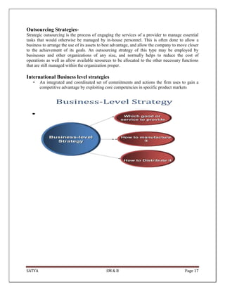 SATYA SM & B Page 17
Outsourcing Strategies-
Strategic outsourcing is the process of engaging the services of a provider to manage essential
tasks that would otherwise be managed by in-house personnel. This is often done to allow a
business to arrange the use of its assets to best advantage, and allow the company to move closer
to the achievement of its goals. An outsourcing strategy of this type may be employed by
businesses and other organizations of any size, and normally helps to reduce the cost of
operations as well as allow available resources to be allocated to the other necessary functions
that are still managed within the organization proper.
International Business level strategies
• An integrated and coordinated set of commitments and actions the firm uses to gain a
competitive advantage by exploiting core competencies in specific product markets
 