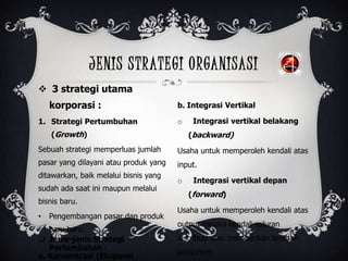 JENIS STRATEGI ORGANISASI
 3 strategi utama
korporasi :
1. Strategi Pertumbuhan
(Growth)
Sebuah strategi memperluas jumlah
pasar yang dilayani atau produk yang
ditawarkan, baik melalui bisnis yang
sudah ada saat ini maupun melalui
bisnis baru.
• Pengembangan pasar dan produk
baru baru.
 Jenis-jenis Strategi
Pertumbuhan :
a. Konsentrasi (Ekspansi
b. Integrasi Vertikal
o Integrasi vertikal belakang
(backward)
Usaha untuk memperoleh kendali atas
input.
o Integrasi vertikal depan
(forward)
Usaha untuk memperoleh kendali atas
output melalui kendali saluran
distribusi atau memberikan layanan
konsumen.
 