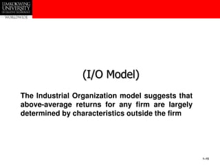1–15
Industrial Organization Model
(I/O Model)
The Industrial Organization model suggests that
above-average returns for any firm are largely
determined by characteristics outside the firm
 