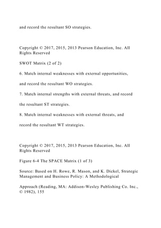 and record the resultant SO strategies.
Copyright © 2017, 2015, 2013 Pearson Education, Inc. All
Rights Reserved
SWOT Matrix (2 of 2)
6. Match internal weaknesses with external opportunities,
and record the resultant WO strategies.
7. Match internal strengths with external threats, and record
the resultant ST strategies.
8. Match internal weaknesses with external threats, and
record the resultant WT strategies.
Copyright © 2017, 2015, 2013 Pearson Education, Inc. All
Rights Reserved
Figure 6-4 The SPACE Matrix (1 of 3)
Source: Based on H. Rowe, R. Mason, and K. Dickel, Strategic
Management and Business Policy: A Methodological
Approach (Reading, MA: Addison-Wesley Publishing Co. Inc.,
© 1982), 155
 