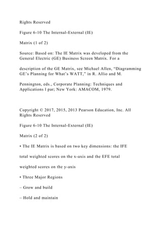 Rights Reserved
Figure 6-10 The Internal-External (IE)
Matrix (1 of 2)
Source: Based on: The IE Matrix was developed from the
General Electric (GE) Business Screen Matrix. For a
description of the GE Matrix, see Michael Allen, “Diagramming
GE’s Planning for What’s WATT,” in R. Allio and M.
Pennington, eds., Corporate Planning: Techniques and
Applications l par; New York: AMACOM, 1979.
Copyright © 2017, 2015, 2013 Pearson Education, Inc. All
Rights Reserved
Figure 6-10 The Internal-External (IE)
Matrix (2 of 2)
• The IE Matrix is based on two key dimensions: the IFE
total weighted scores on the x-axis and the EFE total
weighted scores on the y-axis
• Three Major Regions
– Grow and build
– Hold and maintain
 