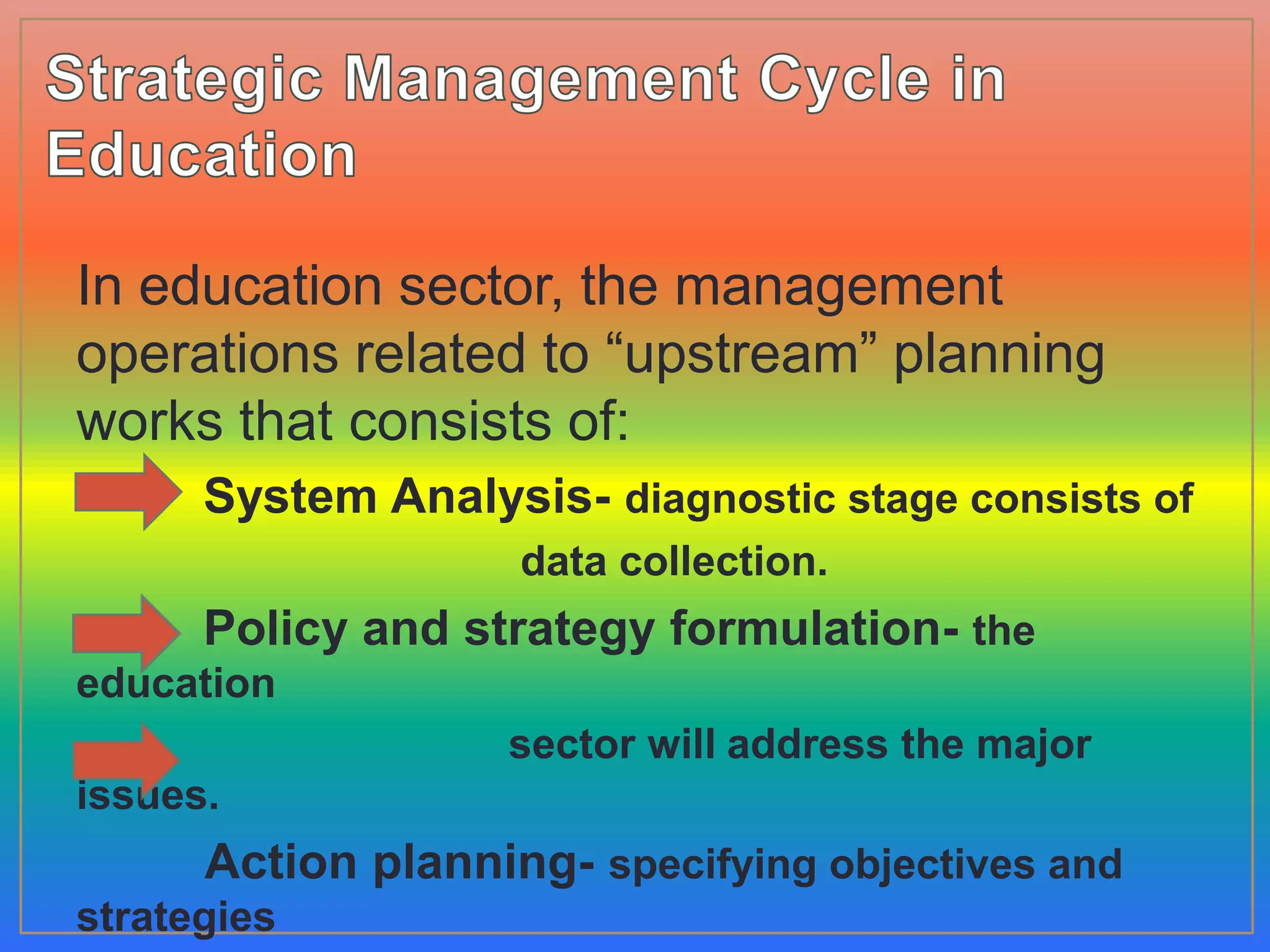 In education sector, the management
operations related to “upstream” planning
works that consists of:
System Analysis- diagnostic stage consists of
data collection.
Policy and strategy formulation- the
education
sector will address the major
issues.
Action planning- specifying objectives and
strategies