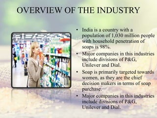 OVERVIEW OF THE INDUSTRY
• India is a country with a
population of 1,030 million people
with household penetration of
soaps is 98%.
• Major companies in this industries
include divisions of P&G,
Unilever and Dial.
• Soap is primarily targeted towards
women, as they are the chief
decision makers in terms of soap
purchase.
• Major companies in this industries
include divisions of P&G,
Unilever and Dial.
 
