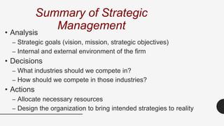 Summary of Strategic
Management• Analysis
– Strategic goals (vision, mission, strategic objectives)
– Internal and external environment of the firm
• Decisions
– What industries should we compete in?
– How should we compete in those industries?
• Actions
– Allocate necessary resources
– Design the organization to bring intended strategies to reality
 
