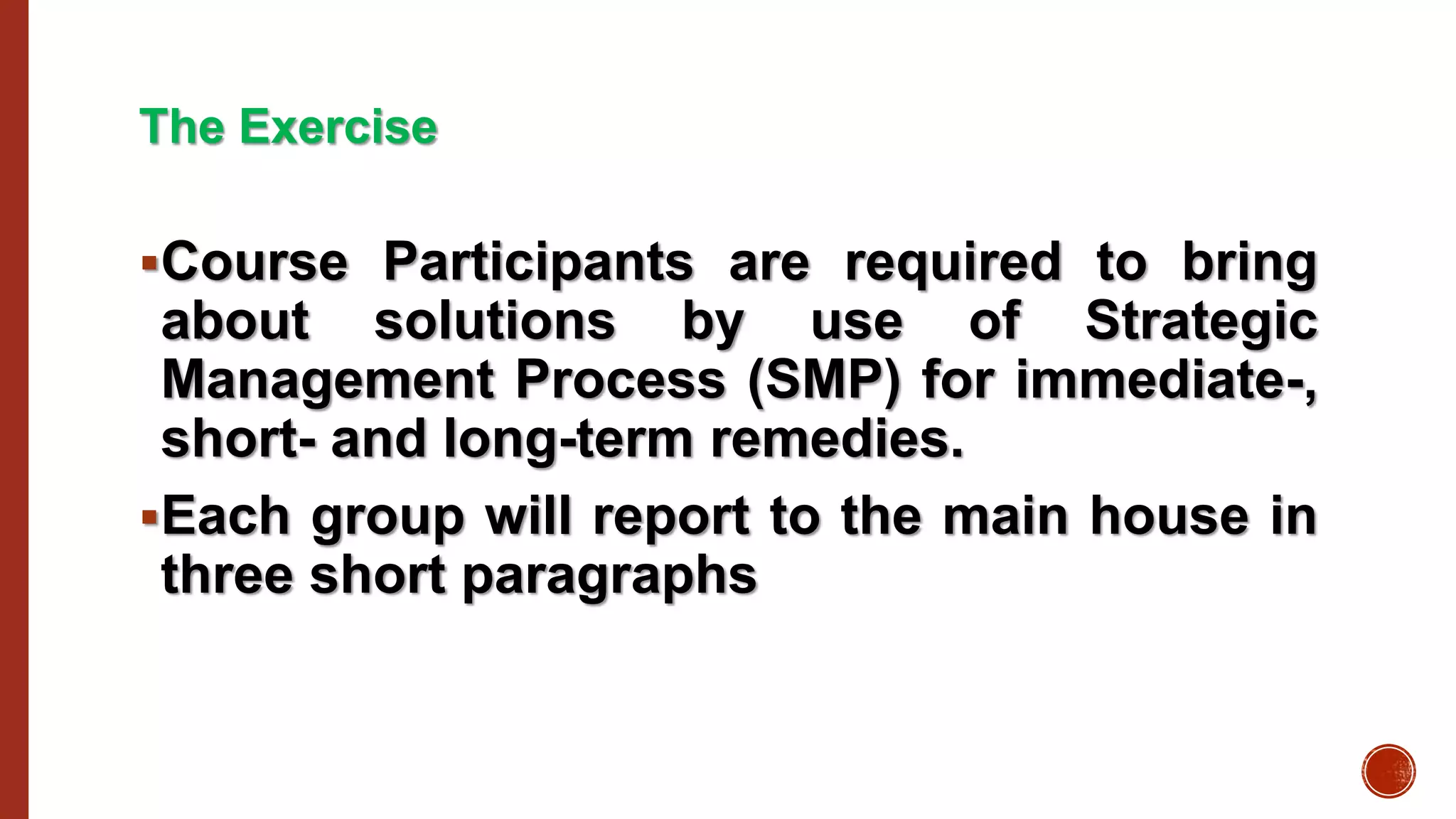 The Exercise
Course Participants are required to bring
about solutions by use of Strategic
Management Process (SMP) for immediate-,
short- and long-term remedies.
Each group will report to the main house in
three short paragraphs
 