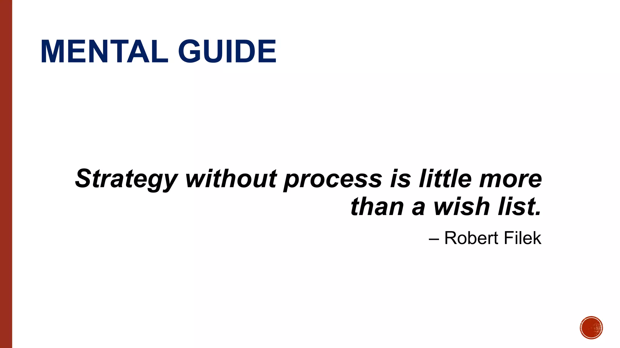 MENTAL GUIDE
Strategy without process is little more
than a wish list.
– Robert Filek
 