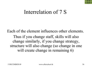 Interrelation of 7 S  Each of the element influences other elements.  Thus if you change staff, skills will also change similarly, if you change strategy, structure will also change (so change in one will create change in remaining 6)  