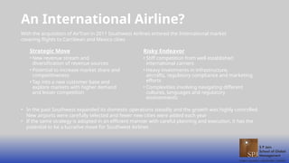 An International Airline?
Strategic Move
• New revenue stream and
diversification of revenue sources
• Potential to increase market share and
competitiveness
• Tap into a new customer base and
explore markets with higher demand
and lesser competition
​
​
Risky Endeavor
• Stiff competition from well established
international carriers
• Heavy investments in infrastructure,
aircrafts, regulatory compliance and marketing
efforts
• Complexities involving navigating different
cultures, languages and regulatory
environments
With the acquisition of AirTran in 2011 Southwest Airlines entered the International market
covering flights to Carribean and Mexico cities
• In the past Southwest expanded its domestic operations steadily and the growth was highly controlled.
New airports were carefully selected and fewer new cities were added each year
• If the same strategy is adopted in an efficient manner with careful planning and execution, it has the
potential to be a lucrative move for Southwest Airlines
 