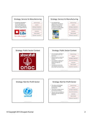 © Copyright 2013 Anupam Kumar 2
Strategy: Service Vs Manufacturing
• Competitive advantage in
service organizations is
much more related to the
extent to which customers
value less tangible features.
Direction & Scope
Long Term
Advantage for Organization
Resources & Competences
Environment
Needs of Market
Stakeholder’s Expectations
7© Copyright 2013 Anupam Kumar
Strategy: Service Vs Manufacturing
• For manufacturing
organizations, the physical
products is the central to
competitivestrategy and
services are merely needed
to support the product.
Direction & Scope
Long Term
Advantage for Organization
Resources & Competences
Environment
Needs of Market
Stakeholder’s Expectations
8© Copyright 2013 Anupam Kumar
Strategy: Public Sector Context
10© Copyright 2013 Anupam Kumar
Strategy: Public Sector Context
• The most powerful stakeholder in
the case of public sector is the
government.
• Scope and direction is determined
by political rather than market
conditions.
• The competition is mainly for the
input of resources rather than
towards the market and
customers.
• Social issues and concerns are
more important environmental
factors rather than business sense.
Direction & Scope
Long Term
Advantage for Organization
Resources & Competences
Environment
Needs of Market
Stakeholder’s Expectations
11© Copyright 2013 Anupam Kumar
Strategy: Not-for-Profit Sector
12© Copyright 2013 Anupam Kumar
Strategy: Not-for-Profit Sector
• The values and ideologies
are central to strategy
development.
• There exists multiple source
of income and revenue.
• They are more susceptible to
lobbying and other political
influences.
Direction & Scope
Long Term
Advantage for Organization
Resources & Competences
Environment
Needs of Market
Stakeholder’s Expectations
13© Copyright 2013 Anupam Kumar
 
