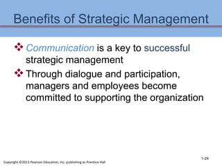 Benefits of Strategic Management
Communication is a key to successful
strategic management
Through dialogue and participation,
managers and employees become
committed to supporting the organization
Copyright ©2013 Pearson Education, Inc. publishing as Prentice Hall
1-24
 